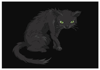 illustration of a grumpy black cat on dark background