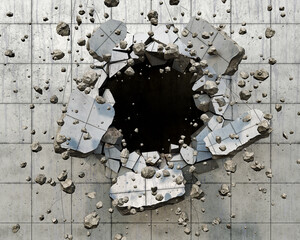 A hole in the wall with flying pieces, big and small, 3d illustration - obrazy, fototapety, plakaty