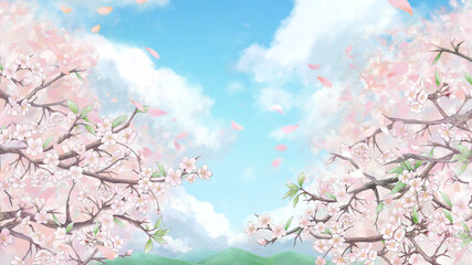 桜の並木背景イラスト2/空と山背景