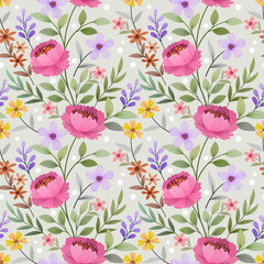 Seamless retro floral pattern, cute flowers, and leaves on a grey background.