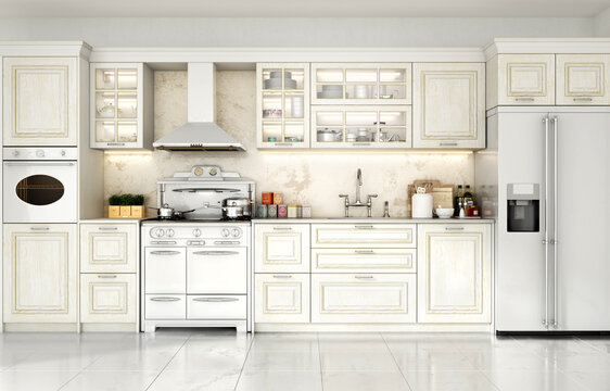 3d render of kitchen in classic style 3d illustration
