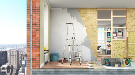 3d render of room construction process with layered scheme of walls 3d illustration - obrazy, fototapety, plakaty
