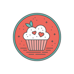 Simple Linear Easter icon of Festive Cupcake with Decorations of Hearts and Green Leaves with Memphis Dot Elements