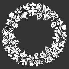 White laurel vector floral wreath frame on black background