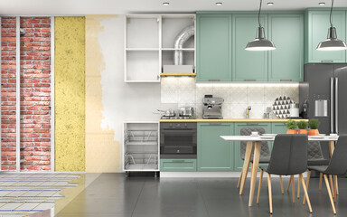 3d render of kitchen in construction process with layered scheme of walls and floor 3d illustration - obrazy, fototapety, plakaty
