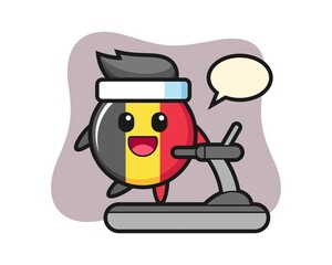 Belgium flag badge cartoon character walking on the treadmill
