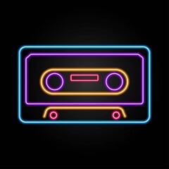 Audio cassette neon sign, modern glowing banner design, colorful modern design trend on black background. Vector illustration.