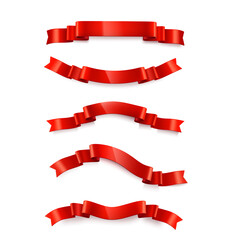 Realistic glossy curved red ribbon set  for your design project.