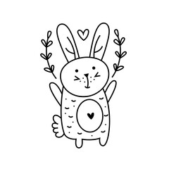 Happy Easter doodle line art design. Black monochrome element. Rabbit, bunny with herbs. Isolated on white background.
