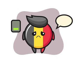 Belgium flag badge mascot character doing a tired gesture