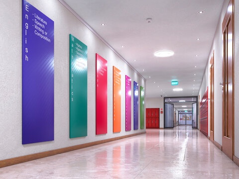 School hallway with information posters on the wall. 3d illustration