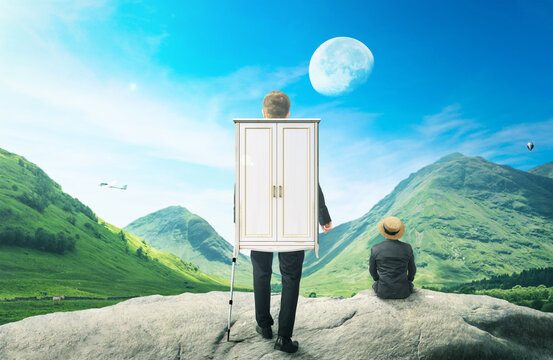 Travel concept. A man with a backpack in the form of a wardrobe on the background of nature. 3d illustration.