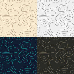 Topography patterns. Seamless elevation map tiles. Beautiful isoline background. Creative tileable patterns. Vector illustration.