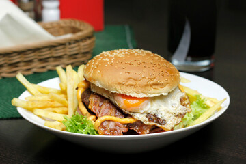 Hamburger with Bacon and Egg