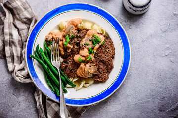 Meatloaf stroganoff with pasta.selective focus..style rustic