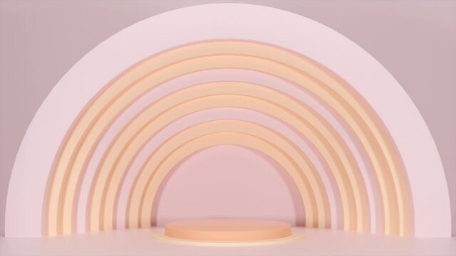 Multicolored arches move and open the podium.Minimal scene with podium. Abstract animation, 3d render