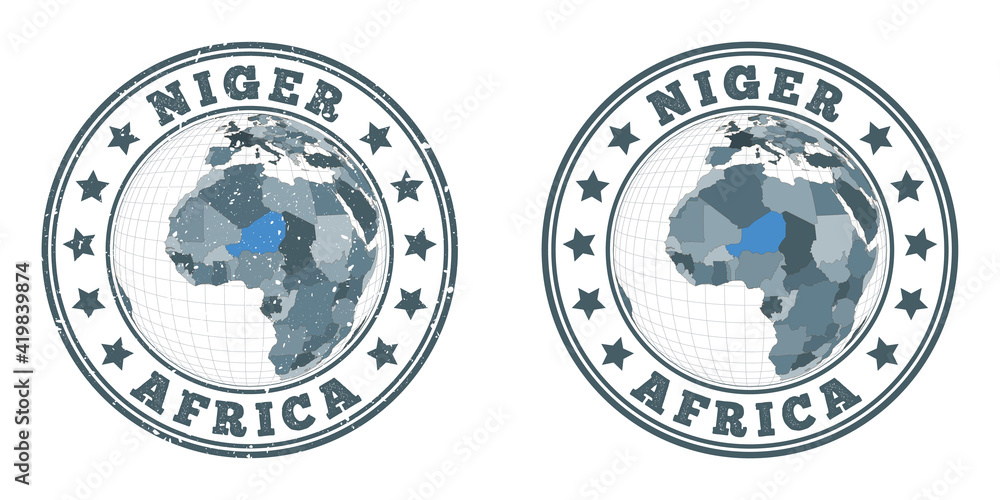 Poster niger round logos. circular badges of the country with a map of niger in a world context. plain and 