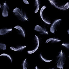 Feather air seamless pattern. White pastel angel feather closeup texture falling on dark background. Concept of sensitivity responsiveness to nature.