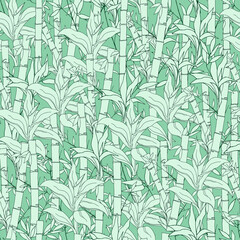 Naklejka na ściany i meble Seamless green tropical bamboo pattern. Green bamboo leaves and stems, tropical vector texture for paper, wallpaper and fabric decoration.