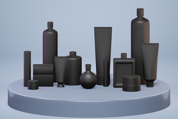 3D rendering realistic mockups bundle of bottles for various cosmetics packaging. Cream, lotion, shampoo, gel, powder, balsam package set. 