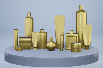 3D rendering realistic mockups bundle of bottles for various cosmetics packaging. Cream, lotion, shampoo, gel, powder, balsam package set. 