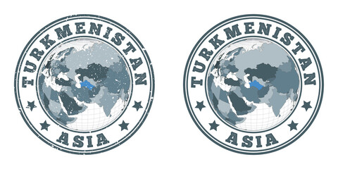 Turkmenistan round logos. Circular badges of country with map of Turkmenistan in world context. Plain and textured country stamps. Vector illustration.