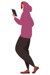 A person in a hoodie walks and reads a book. Vector isolated on white, style is flat. Modern woman in fashionable clothes with a book in her hand.