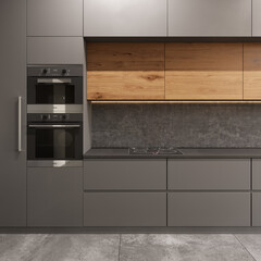 Modern kitchen interior in loft style. Gray ceramic tiles on the floor, induction hob and built-in stove. 3d rendering