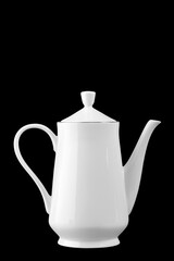 white porcelain tea ware, set details, isolate on a black background