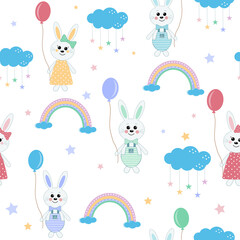 Bunny pattern with balloons among clouds with rainbows, color vector illustration