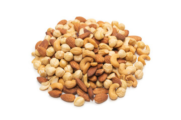 Mix of nuts isolated on white background. Top view.