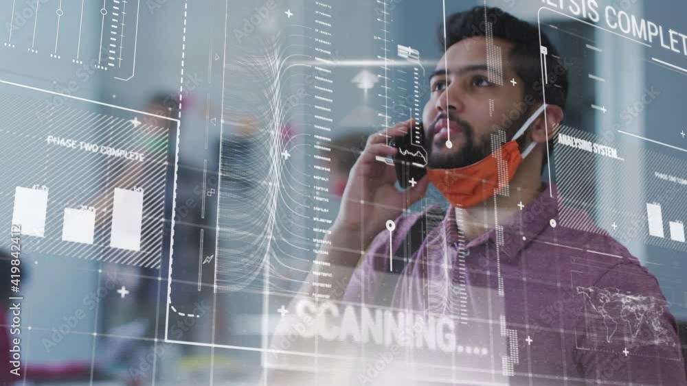 Poster animation of statistics recording over man using smartphone wearing face mask