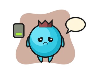 Blueberry mascot character doing a tired gesture