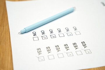 A survey form with yes or no answer options. Questionnaire on white paper, checkboxes ticked