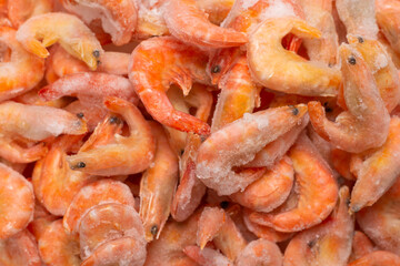 Fresh shrimps in ice. Top view.