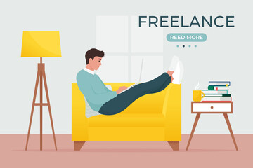 Man with laptop sitting on sofa. Work from home, freelance. Vector illustration in flat style