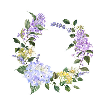 Beautiful and elegant spring floral wreath with violet, purple, blue flowers and green leaves. Watercolor botanical illustration. Lilac, hydrangea, lavender, daisy flower and greenery graphic.