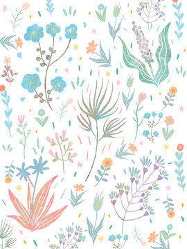 春の優しい色使いのオシャレな植物やお花の白バックのイラスト