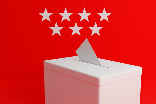 Madrid ballot box and envelope with the Madrid flag in the background. Prepared for Madrid elections