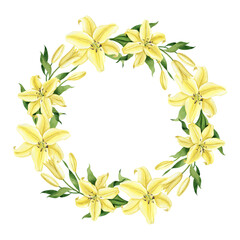 Yellow lilies floral wreath isolated on white background. Watercolor hand drawn illustration with floral frame. Perfect clipart for greeting cards, wedding invitations, birthday cards, stationery.