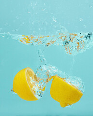 Lemon fruit with splashing water on a blue background. Minimalistic summer concept