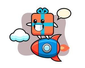 Gift box mascot character riding a rocket