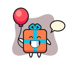 Gift box mascot illustration is playing balloon