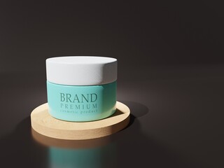 3D render - image Skin care product set ads with blue bottles on black podium, Display for cosmetic perfume fashion natural product, simple clean design, luxury minimalist mockup.