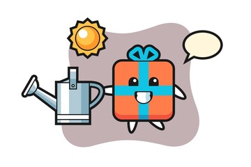 Cartoon character of gift box holding watering can