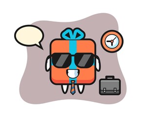 Cartoon mascot of gift box as a businessman