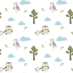 Cute owl with baby owl on forest seamless pattern in white background for scrapbooking, fabric, print on clothes, home textile