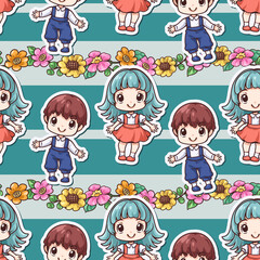 Seamless pattern kawaii kid. Contains boys, girls, flowers, leaves, butterfly and stripes. Cute cartoon style. This design be decoration for print or digital media.