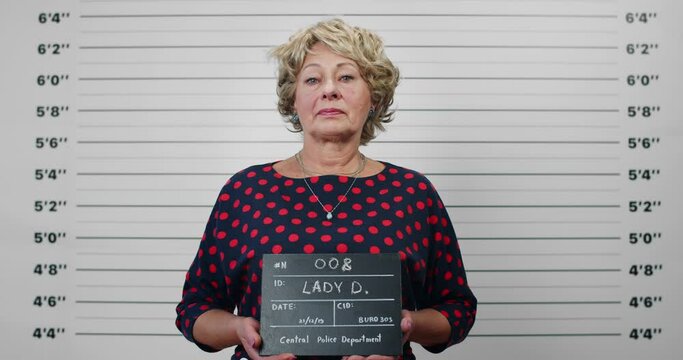 Portrait of elderly woman with blond hair holding sign for photo in police department. Crop view of female criminal in 60s posing, raising head and looking to camera.Concept of mugshot.