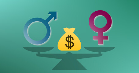 Gender pay gap means that on average, women earn less than men regardless of experience or job type. Illustration: Male and female symbol on a scale, in the middle a moneybag with dollar or peso sign.